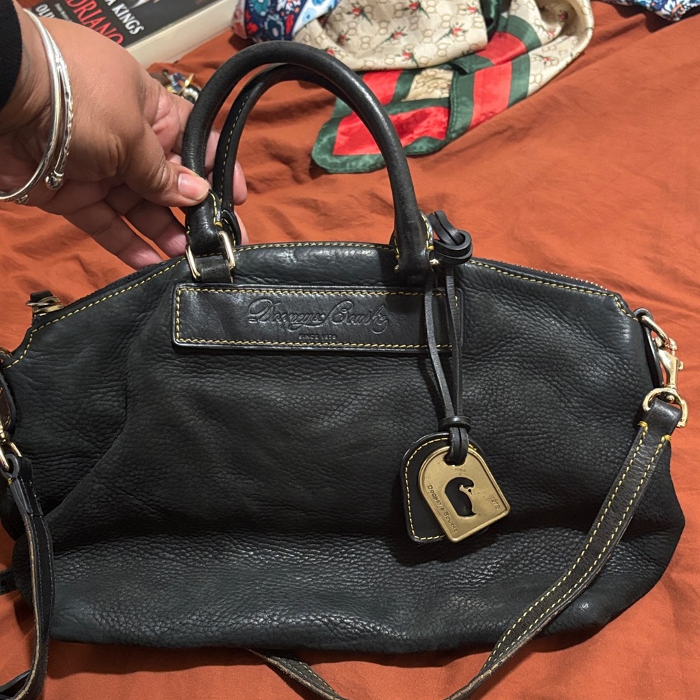 Dooney & Bourke Black Leather Satchel with Gold Accents soft leather